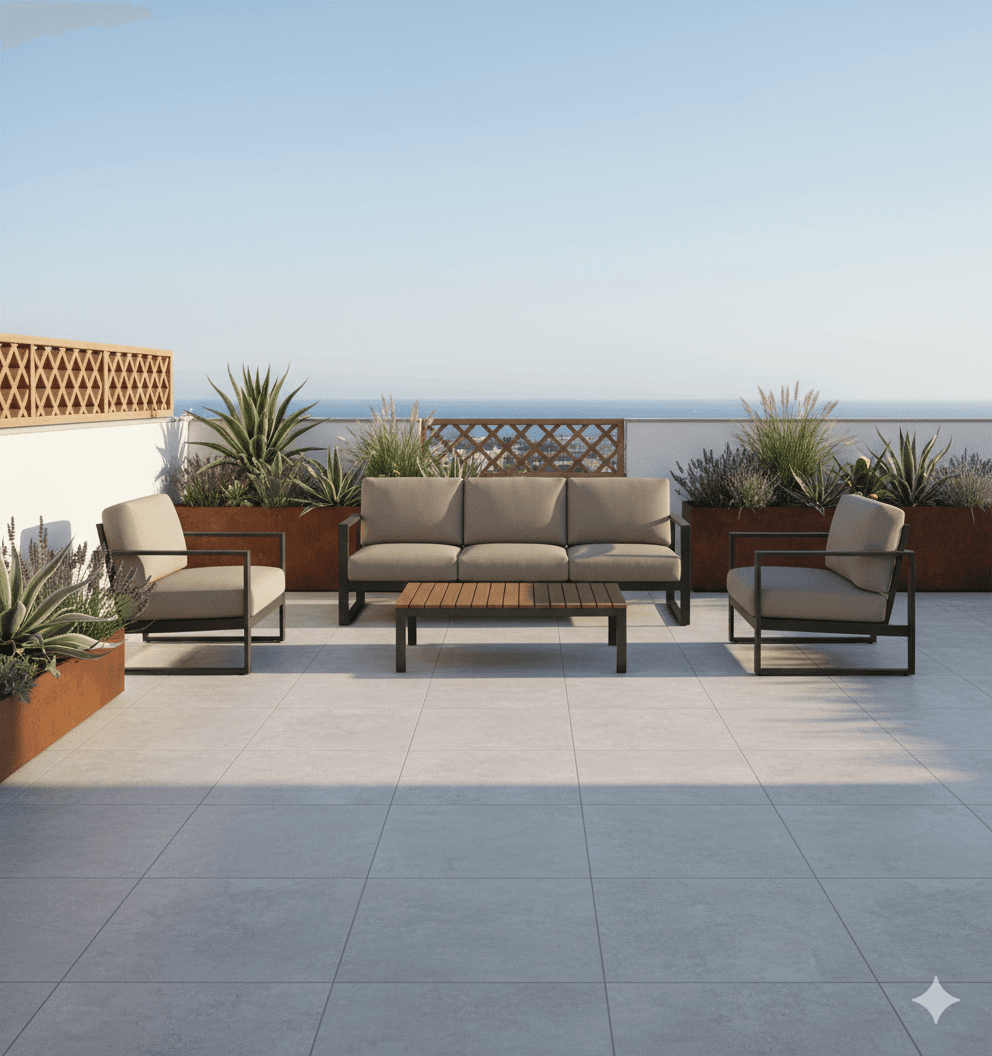 Modern terras met natuursteenlook tegels